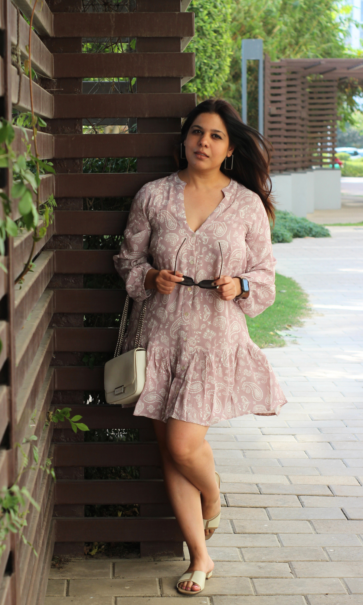 Nude Paisley Printed Sleeved Crepe Dress