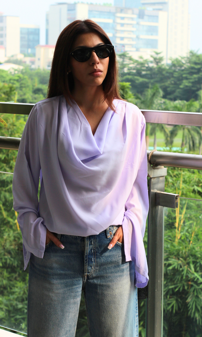 Lavender Slit Sleeves Cowl Neck Top