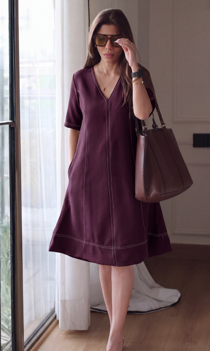Merlot Contrast-Stitch A-Line Dress