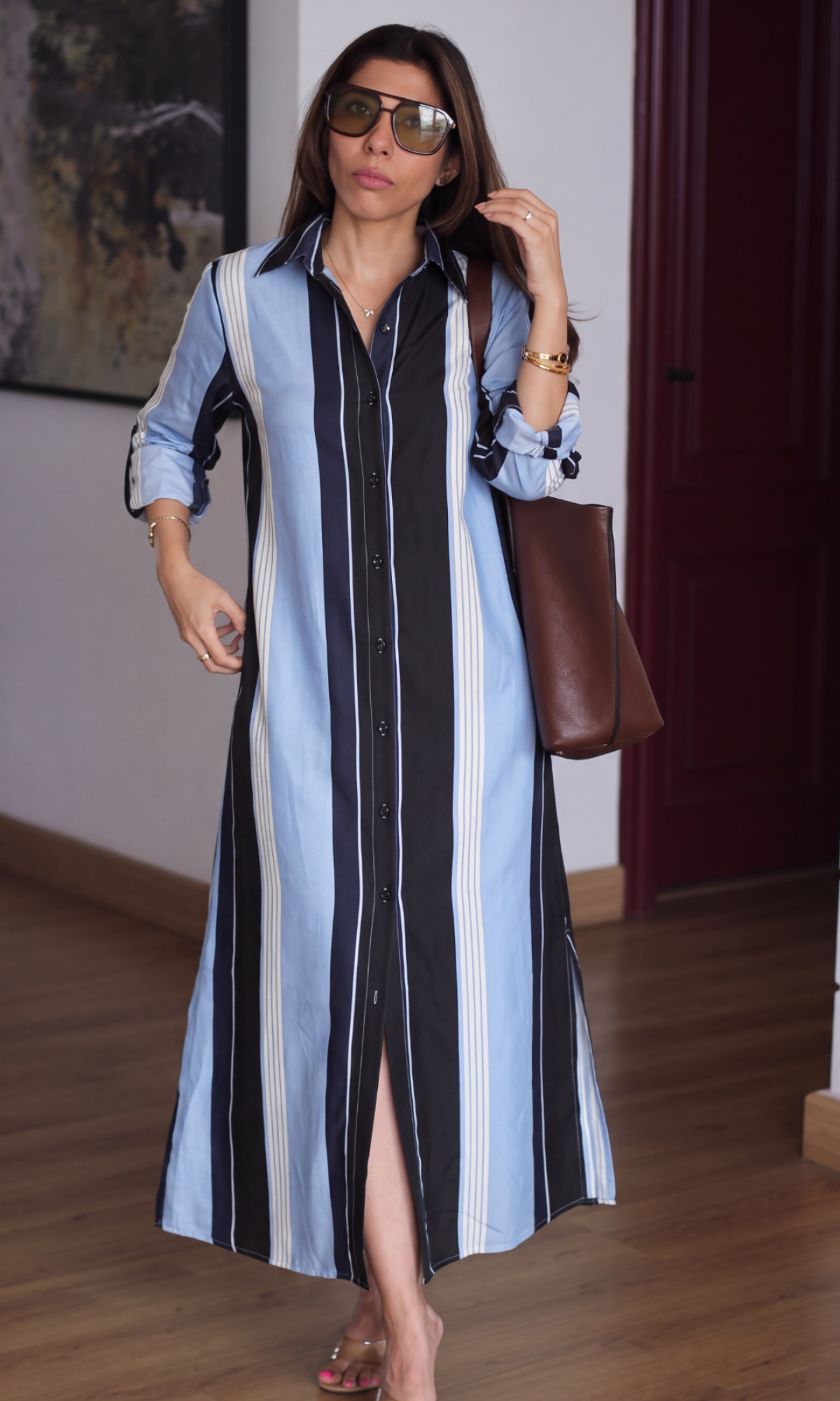 Navy Barcode Striped Shirt Dress