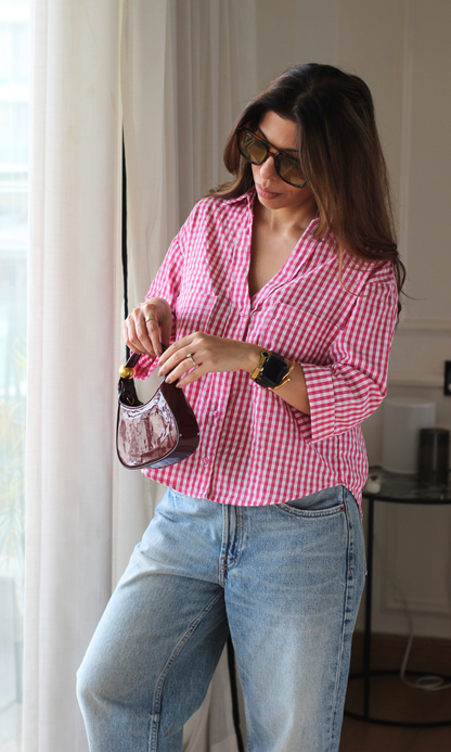 Pink Gingham Cotton Cropped Shirt