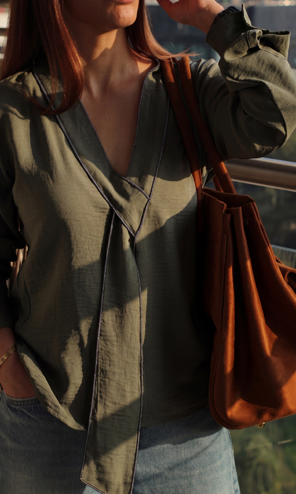 Olive-Black Green Knot Detail Top