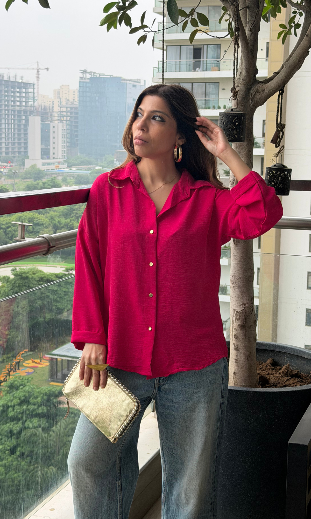 Fuchsia Metallic-Buttoned Shirt