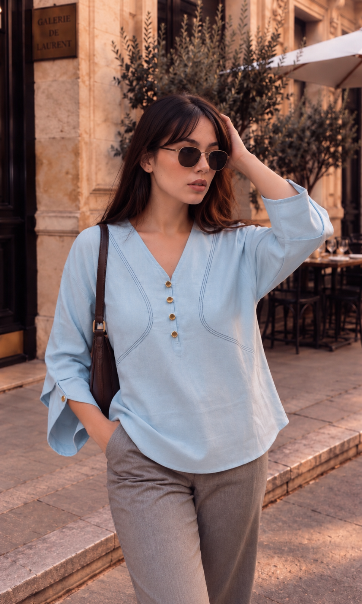 Sage Blue Contrast-Stitch Top