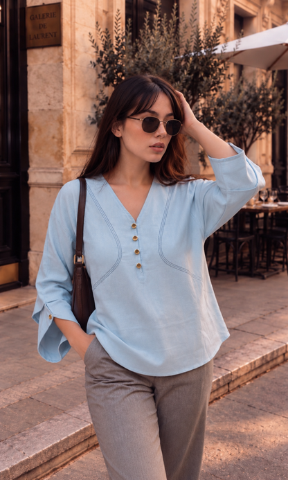 Sage Blue Contrast-Stitch Top