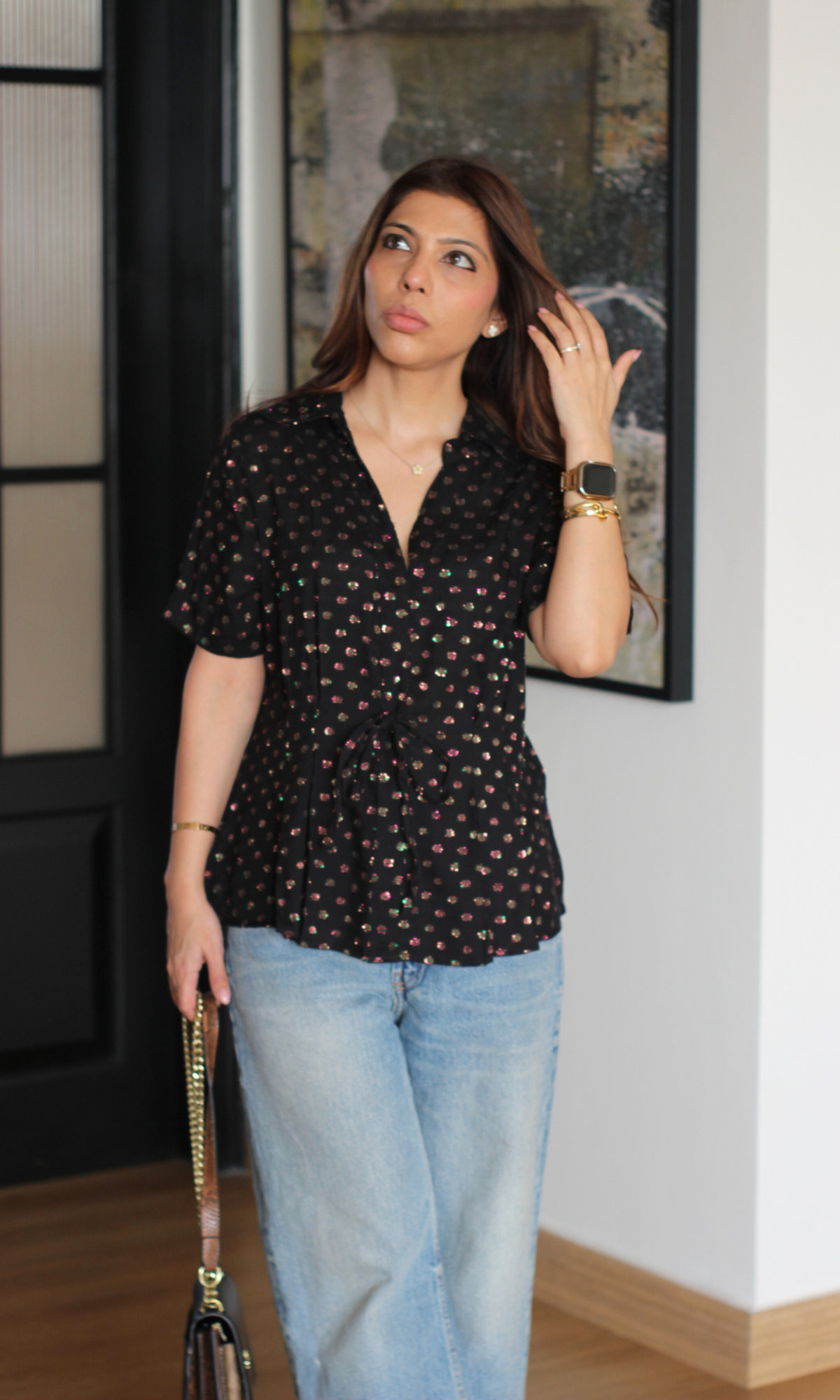 Black Lurex Tie Detail Top