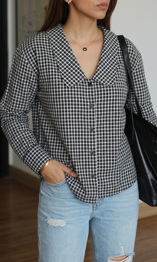Black Gingham Peter Pan Collared Shirt