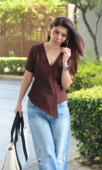 Umber Ribbed Side-Cut Sleeved Waist Coat