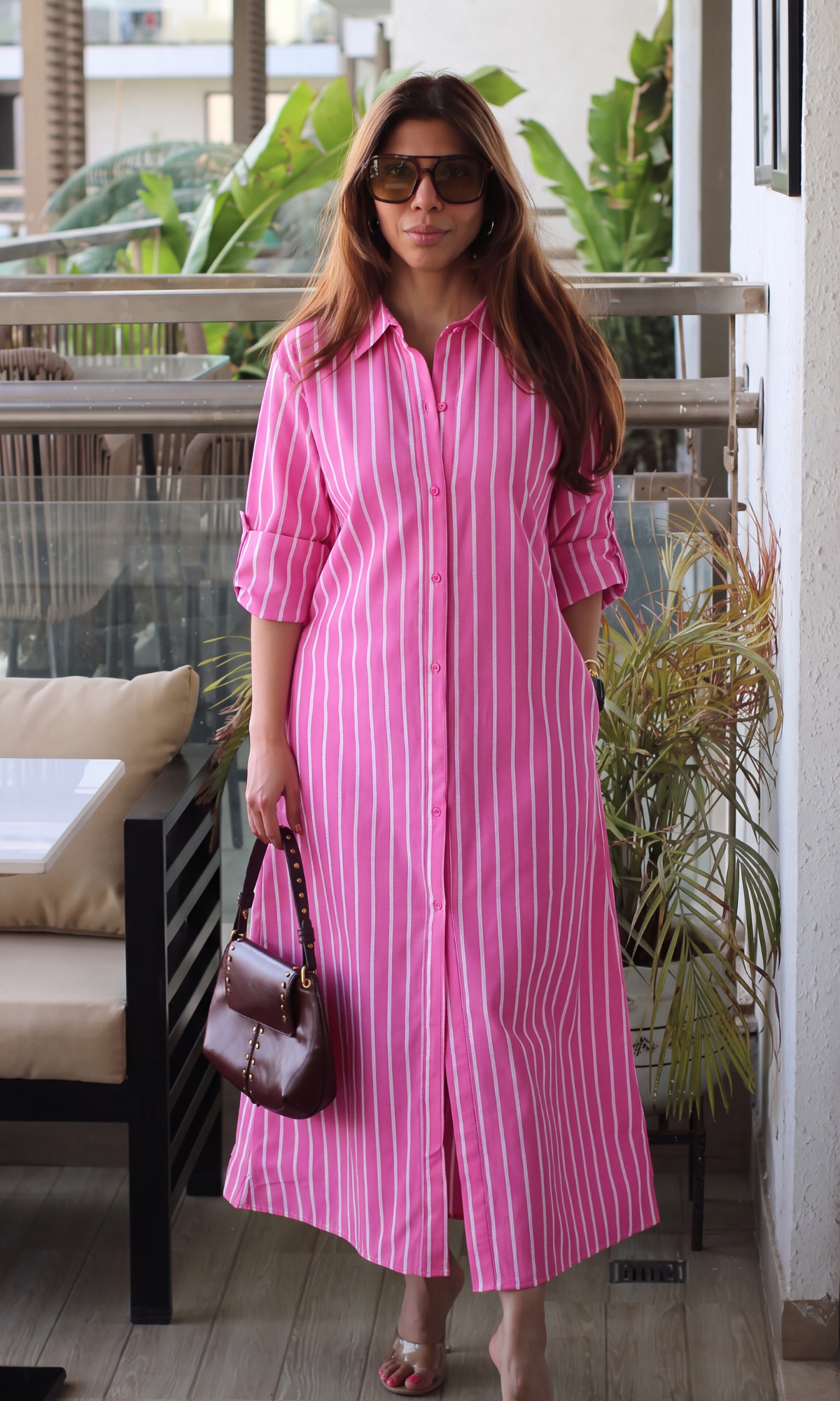 Pink Border-Stripe Shirt Dress