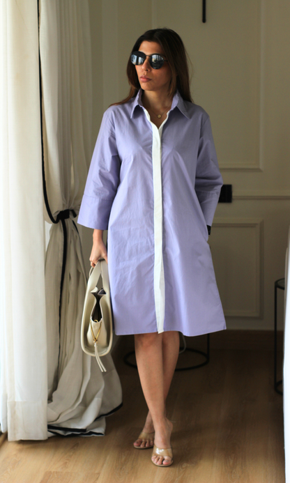 Dusty Lavender Contrast Placket Poplin Dress