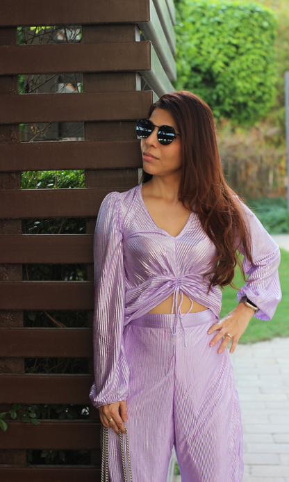 Lavender Pleated Shimmer Sleeved Top and Flared Pants