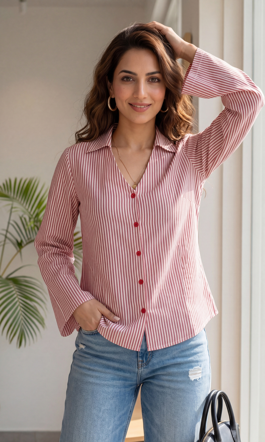 Red Linear Flared Sleeves Shirt