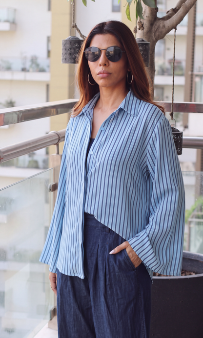 Blue Stripe Cotton Flared-Sleeve Shirt