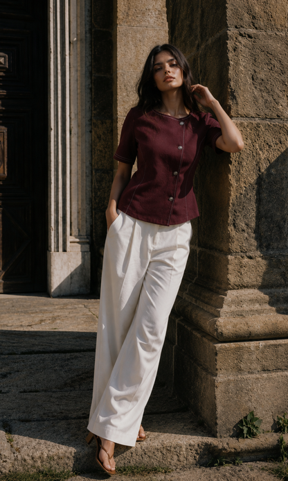 Wine Denim Contrast Stitch Top