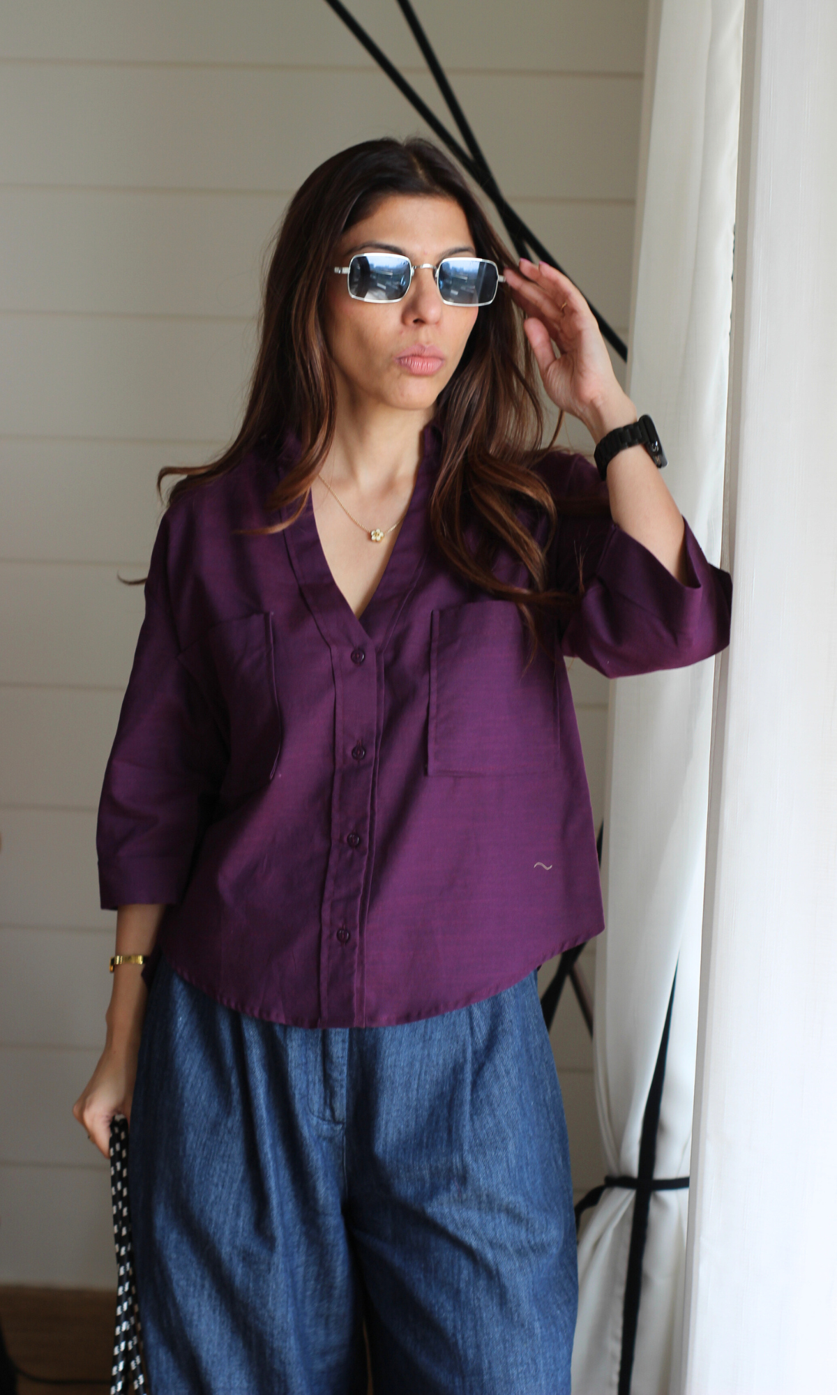Midnight Purple Cotton Cropped Shirt