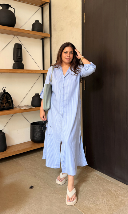 Blue Two Tone Long Shirt Dress