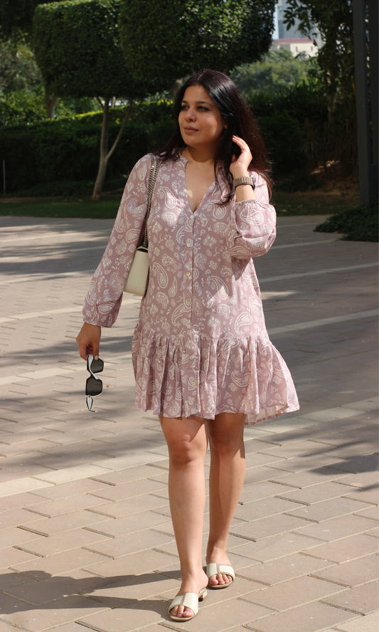 Nude Paisley Printed Sleeved Crepe Dress