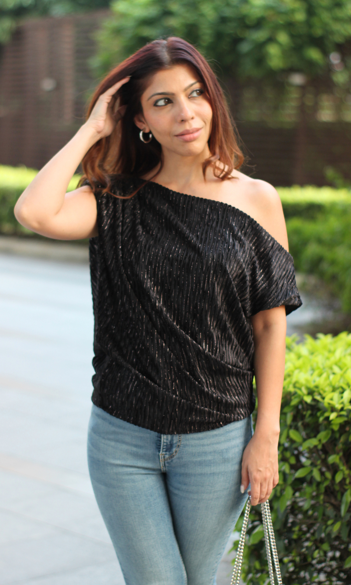 Black Pleated One-Shoulder Top