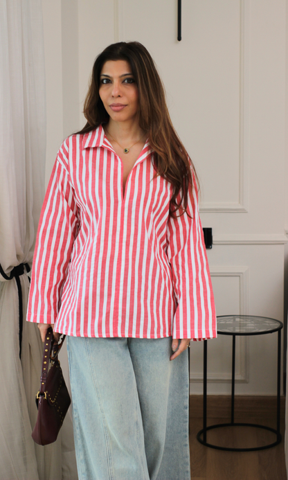 Red Vertical Stripe Resort Blouse
