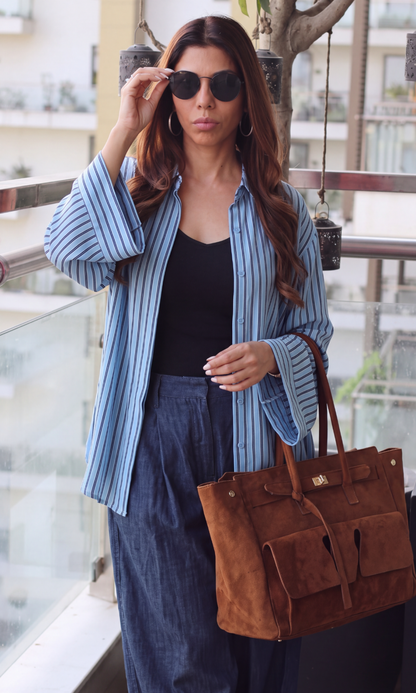 Blue Stripe Cotton Flared-Sleeve Shirt