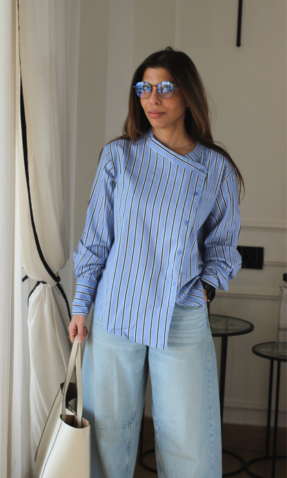 Cornflower & Navy Stripe Diagonal Placket Shirt