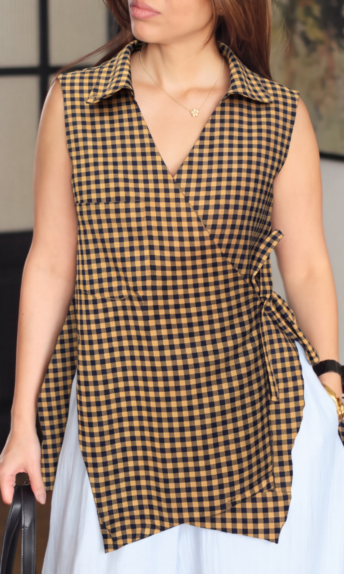 Marigold Gingham Sleeveless Kimono Top