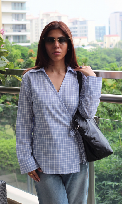 Blue Grey Check Kimono Top