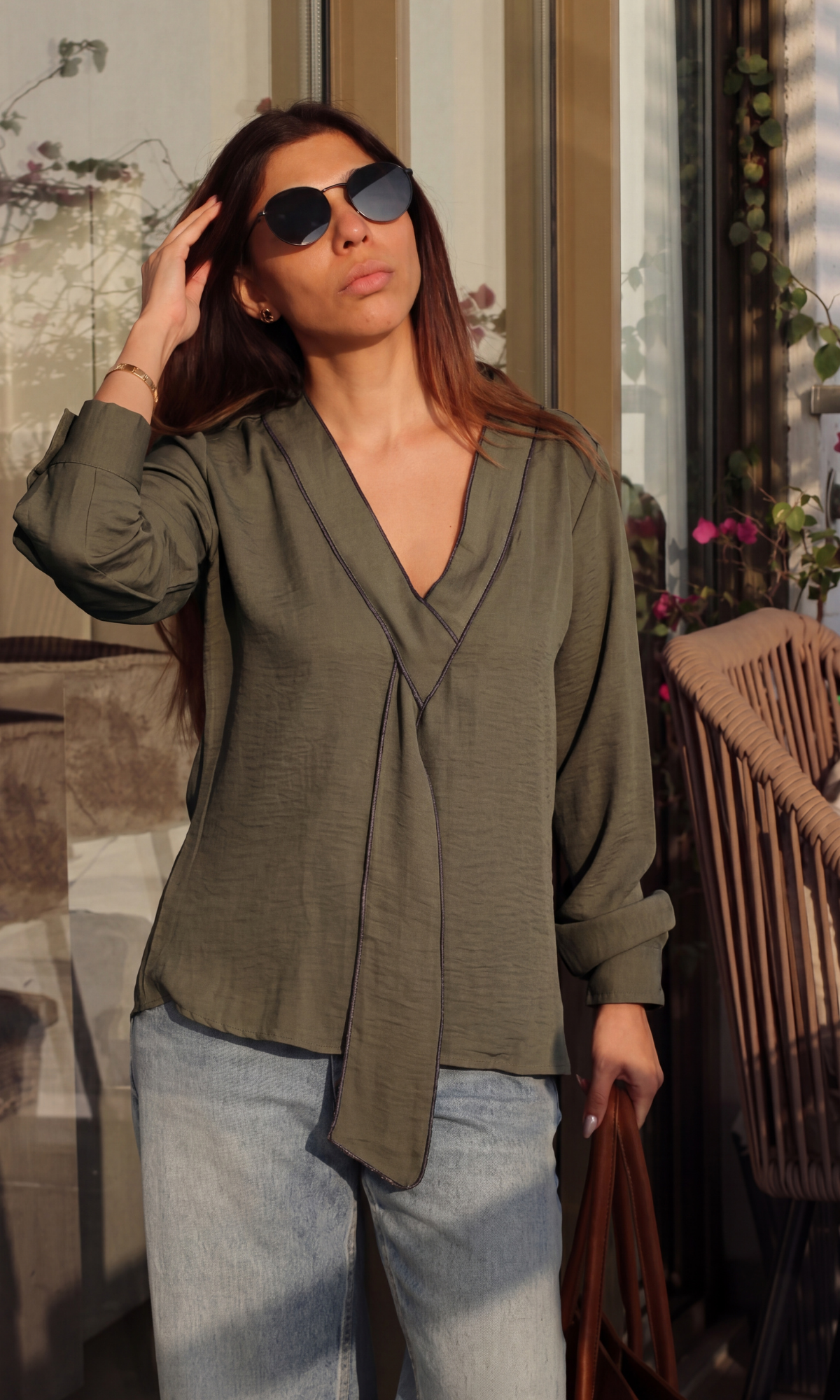 Olive-Black Green Knot Detail Top