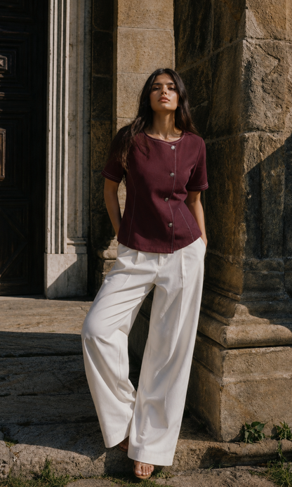 Wine Denim Contrast Stitch Top