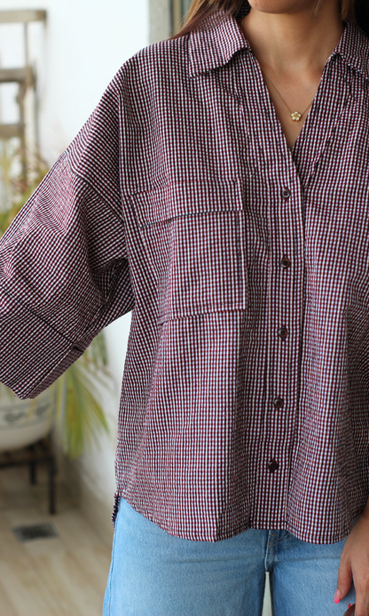 Wine Black Micro-Check Loose Shirt