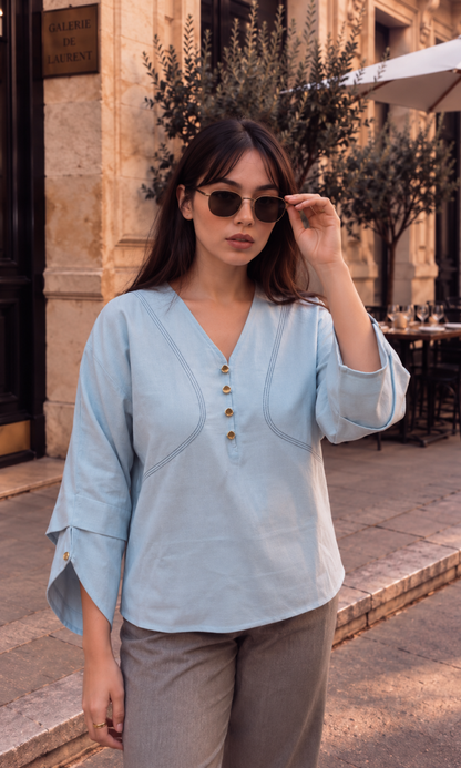 Sage Blue Contrast-Stitch Top