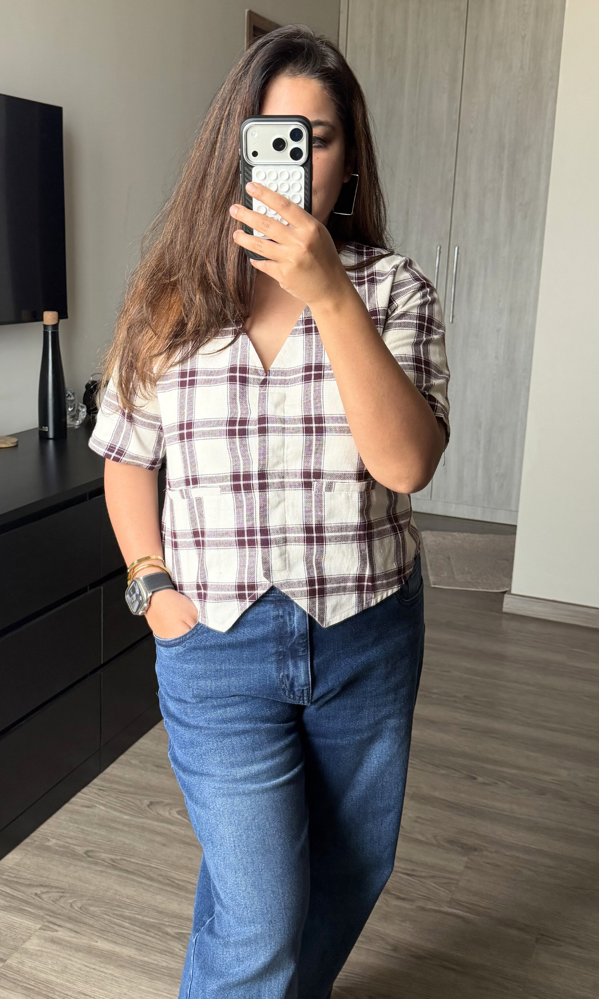 Plum Grid Sleeved Waist Coat