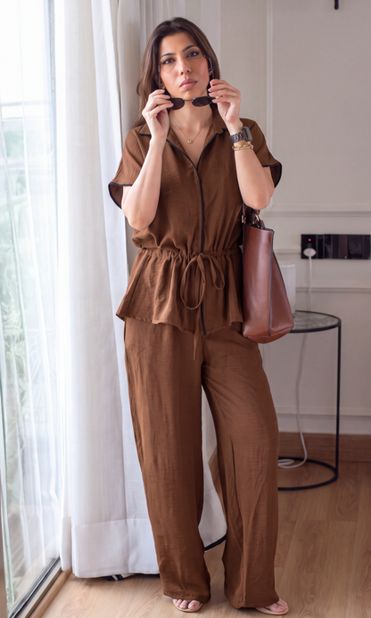 Brown Contrast-Piped Tie-Waist Shirt Co-ord