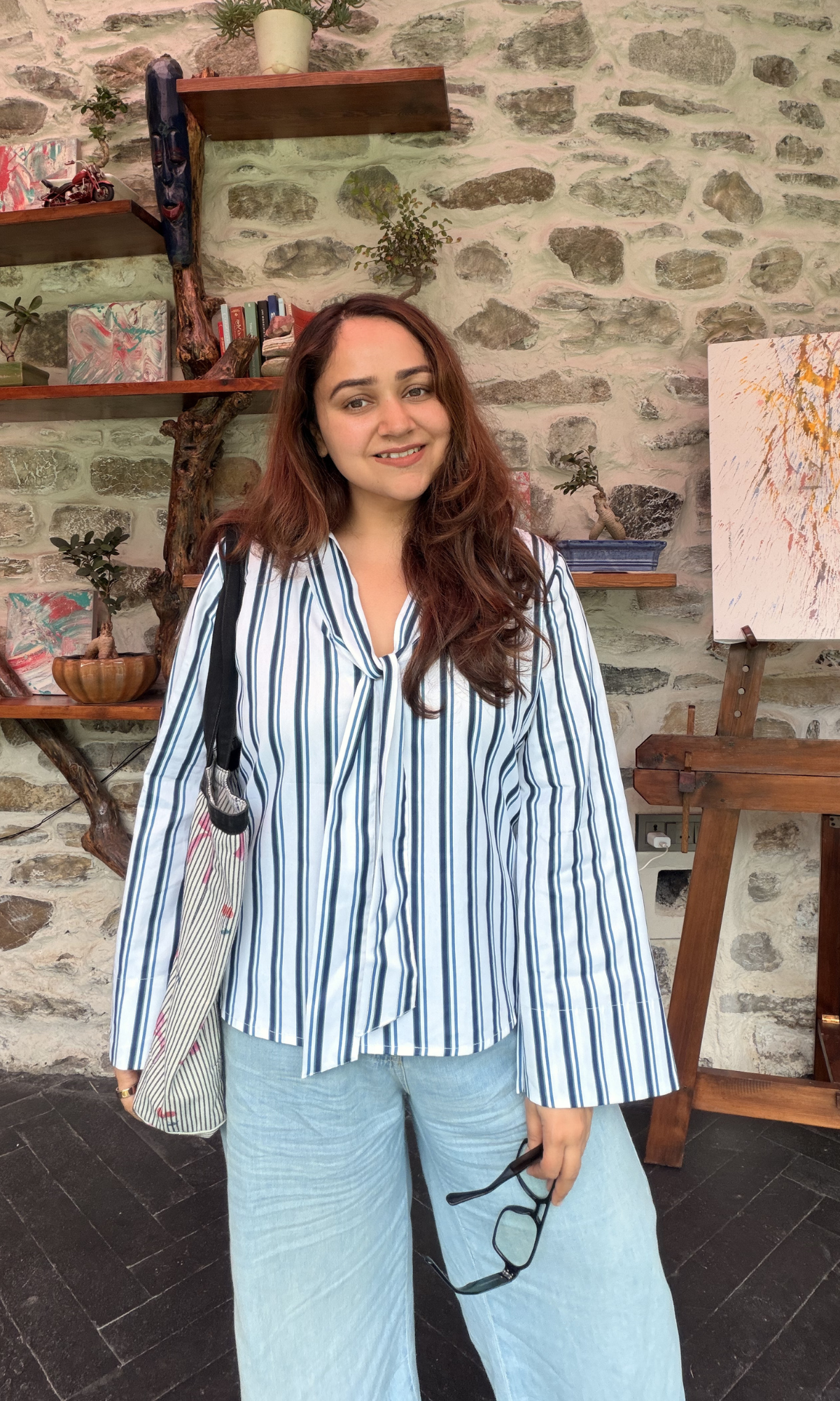 Navy Striped Tie-Neck Flared Sleeve Top