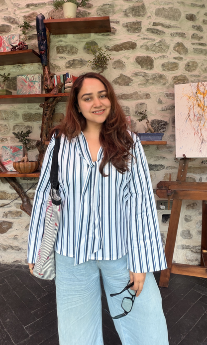 Navy Striped Tie-Neck Flared Sleeve Top