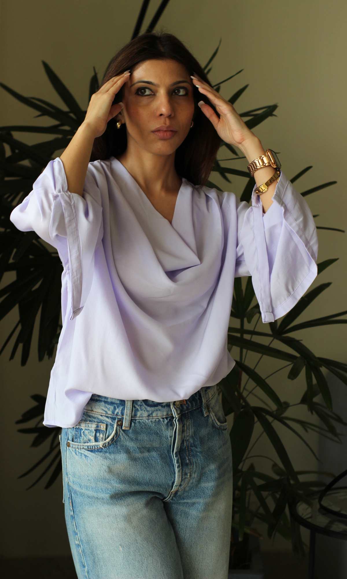 Lavender Slit Sleeves Cowl Neck Top