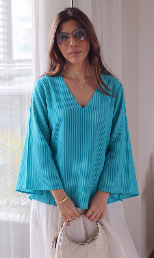Teal Stripe V-Neck Peplum Top