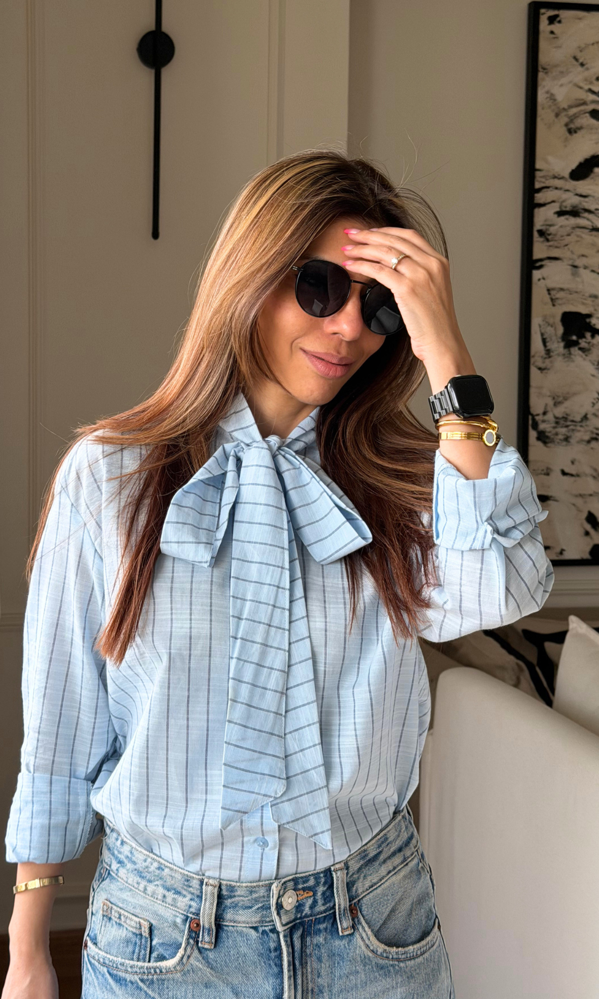 Sky Blue Pinstripe Bow-Tie Shirt