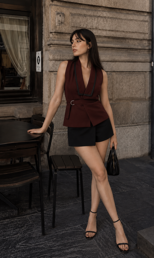 Wine Contrast-Piped Wrap Waistcoat
