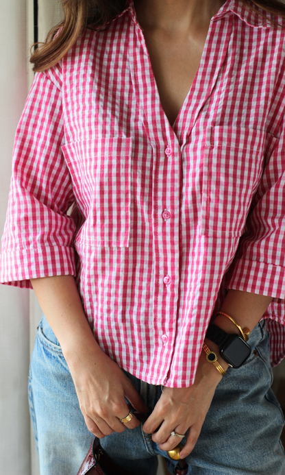 Pink Gingham Cotton Cropped Shirt