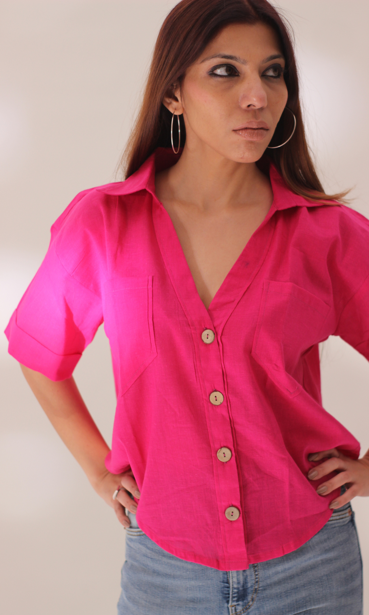 Hot Pink Cotton Cropped Shirt