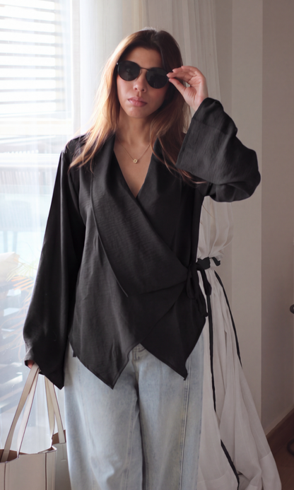 Black Asymmetric Flared-Sleeve Wrap Top