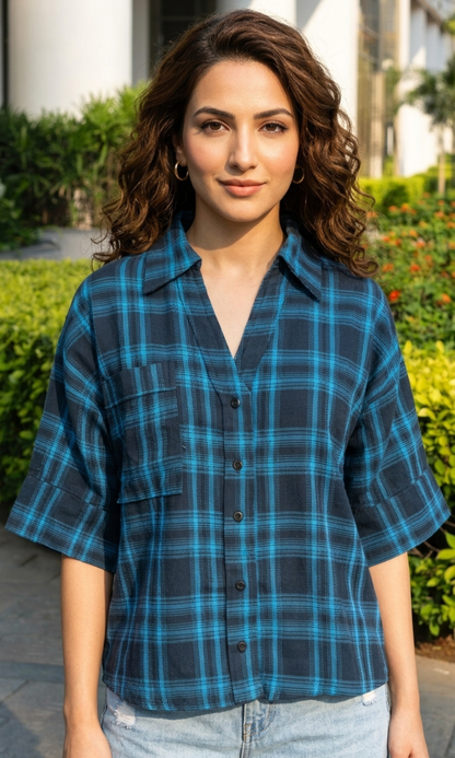 Blue Two-Tone Loose Shirt