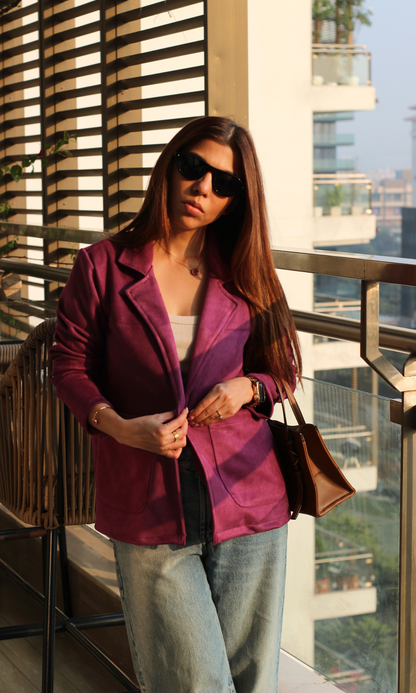 Chic mulberry suede outerwear jacket for women — ideal for fall