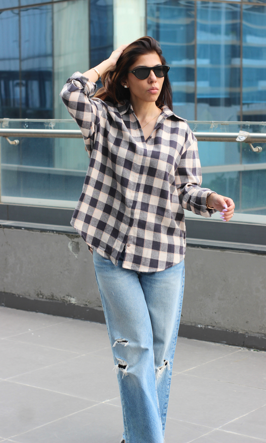 Model wearing the Blue Classic Buffalo Check Shirt featuring oversized checks and fine stripes in a cozy, breathable cotton fabric.