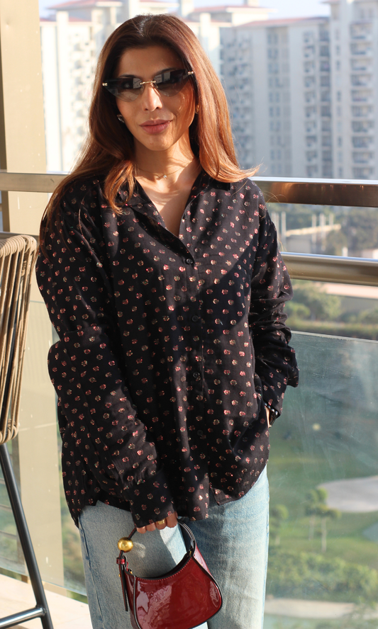 Side view of Black Lurex Flowing Shirt showcasing flowing cut and concealed button placket