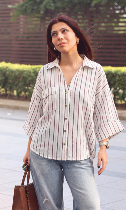 Cream & Cocoa Striped Camp Collar Shirt