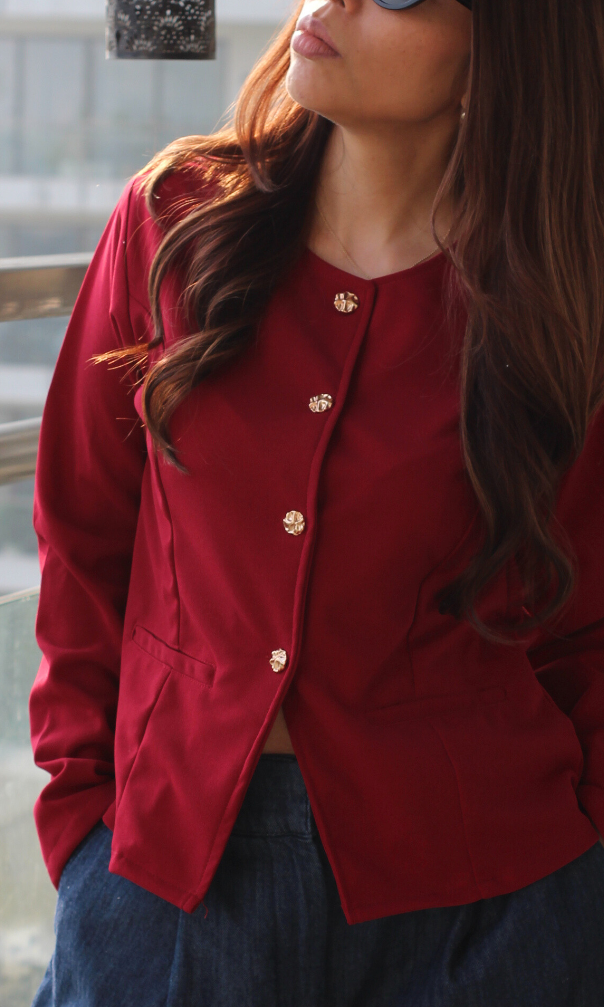 Dark Crimson Sleeved Metallic Buttoned Waist Coat