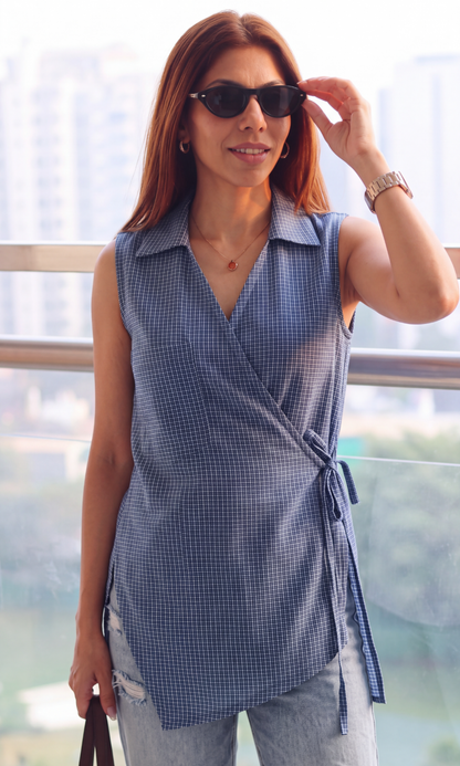 Blue Micro-Check Sleeveless Kimono Top