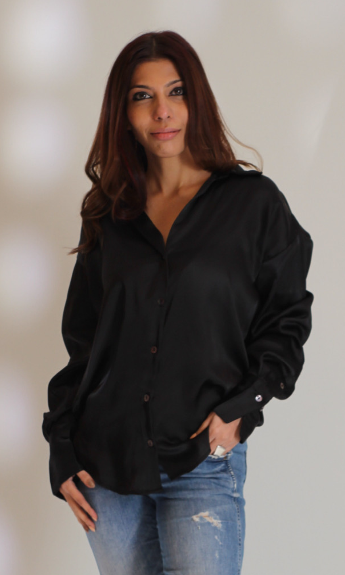 Deep Black Satin Sleeved Shirt